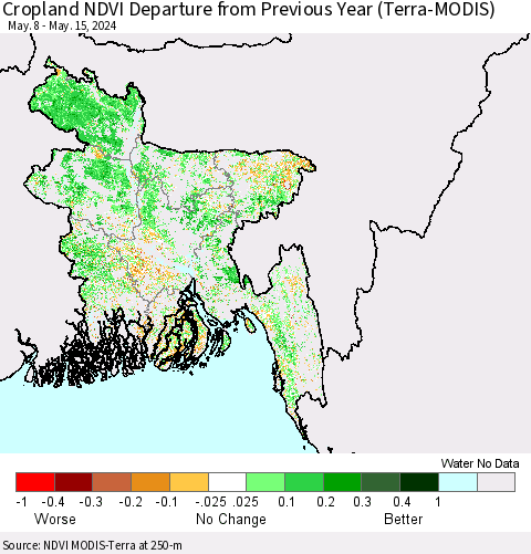 Bangladesh Cropland NDVI Departure from Previous Year (Terra-MODIS) Thematic Map For 5/8/2024 - 5/15/2024
