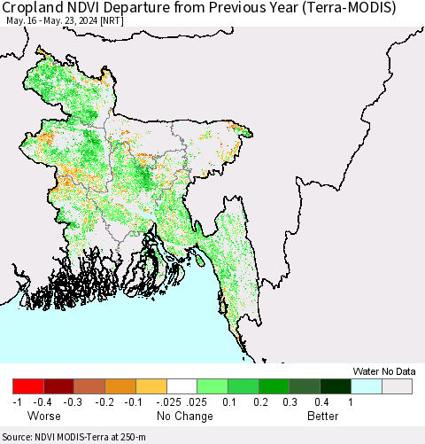 Bangladesh Cropland NDVI Departure from Previous Year (Terra-MODIS) Thematic Map For 5/16/2024 - 5/23/2024