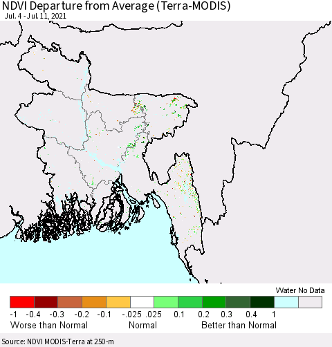Bangladesh NDVI Departure from Average (Terra-MODIS) Thematic Map For 7/4/2021 - 7/11/2021