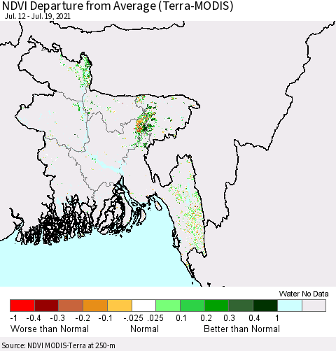 Bangladesh NDVI Departure from Average (Terra-MODIS) Thematic Map For 7/12/2021 - 7/19/2021