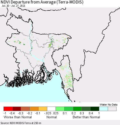 Bangladesh NDVI Departure from Average (Terra-MODIS) Thematic Map For 7/20/2021 - 7/27/2021