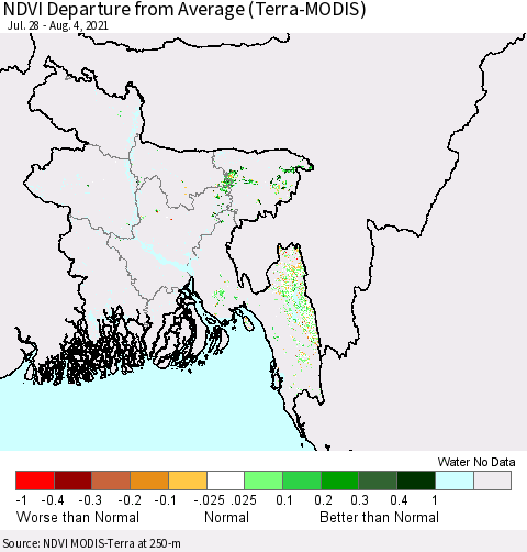 Bangladesh NDVI Departure from Average (Terra-MODIS) Thematic Map For 7/28/2021 - 8/4/2021