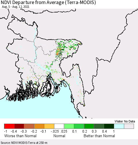 Bangladesh NDVI Departure from Average (Terra-MODIS) Thematic Map For 8/5/2021 - 8/12/2021