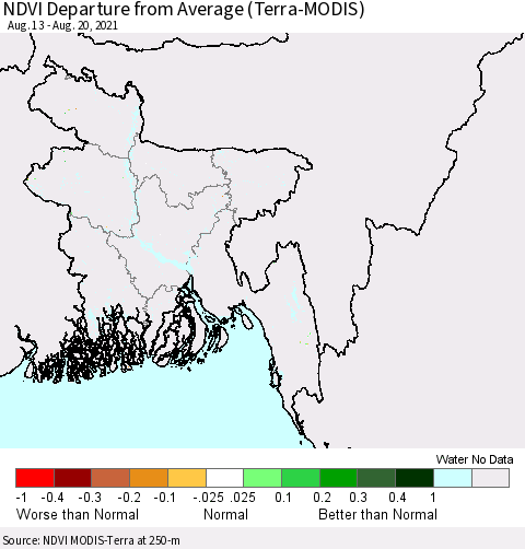 Bangladesh NDVI Departure from Average (Terra-MODIS) Thematic Map For 8/13/2021 - 8/20/2021