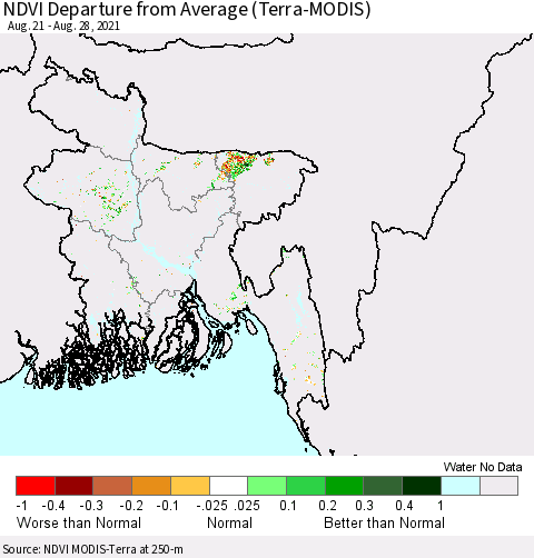 Bangladesh NDVI Departure from Average (Terra-MODIS) Thematic Map For 8/21/2021 - 8/28/2021