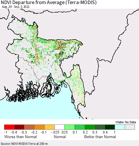 Bangladesh NDVI Departure from Average (Terra-MODIS) Thematic Map For 8/29/2021 - 9/5/2021