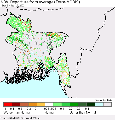 Bangladesh NDVI Departure from Average (Terra-MODIS) Thematic Map For 9/6/2021 - 9/13/2021