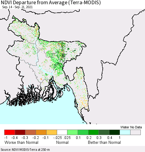 Bangladesh NDVI Departure from Average (Terra-MODIS) Thematic Map For 9/14/2021 - 9/21/2021