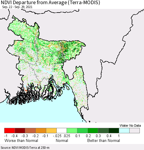 Bangladesh NDVI Departure from Average (Terra-MODIS) Thematic Map For 9/22/2021 - 9/29/2021