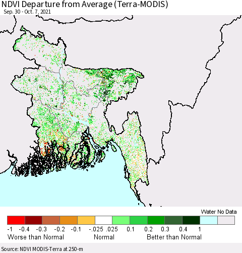 Bangladesh NDVI Departure from Average (Terra-MODIS) Thematic Map For 9/30/2021 - 10/7/2021