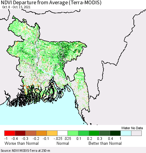 Bangladesh NDVI Departure from Average (Terra-MODIS) Thematic Map For 10/8/2021 - 10/15/2021