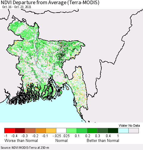 Bangladesh NDVI Departure from Average (Terra-MODIS) Thematic Map For 10/16/2021 - 10/23/2021