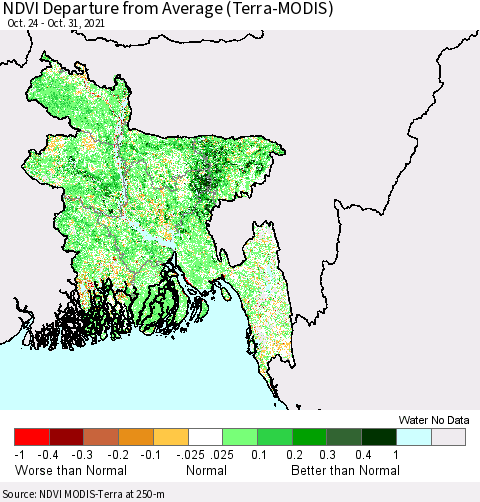 Bangladesh NDVI Departure from Average (Terra-MODIS) Thematic Map For 10/24/2021 - 10/31/2021