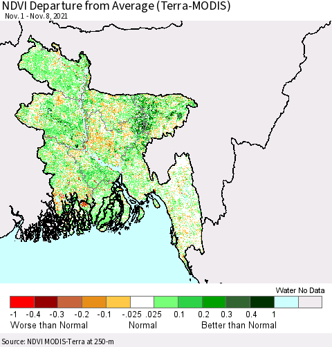Bangladesh NDVI Departure from Average (Terra-MODIS) Thematic Map For 11/1/2021 - 11/8/2021