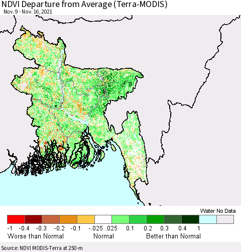 Bangladesh NDVI Departure from Average (Terra-MODIS) Thematic Map For 11/9/2021 - 11/16/2021