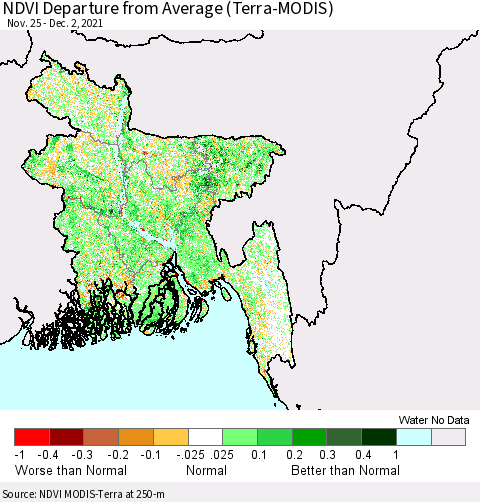 Bangladesh NDVI Departure from Average (Terra-MODIS) Thematic Map For 11/25/2021 - 12/2/2021