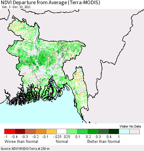 Bangladesh NDVI Departure from Average (Terra-MODIS) Thematic Map For 12/3/2021 - 12/10/2021