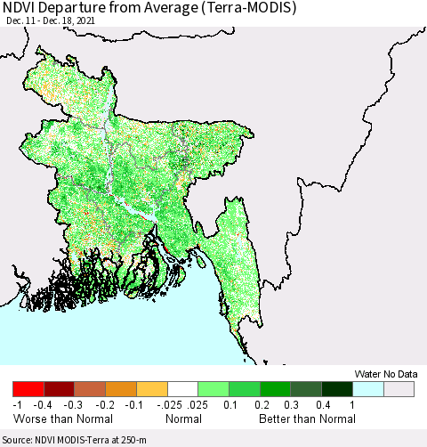Bangladesh NDVI Departure from Average (Terra-MODIS) Thematic Map For 12/11/2021 - 12/18/2021