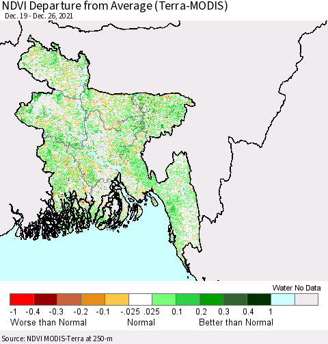 Bangladesh NDVI Departure from Average (Terra-MODIS) Thematic Map For 12/19/2021 - 12/26/2021