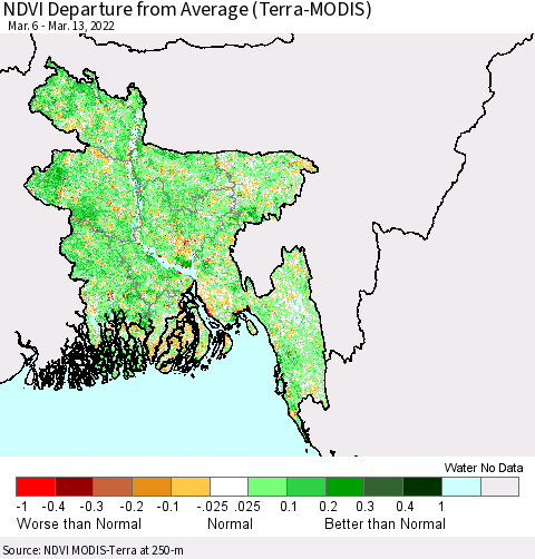 Bangladesh NDVI Departure from Average (Terra-MODIS) Thematic Map For 3/6/2022 - 3/13/2022