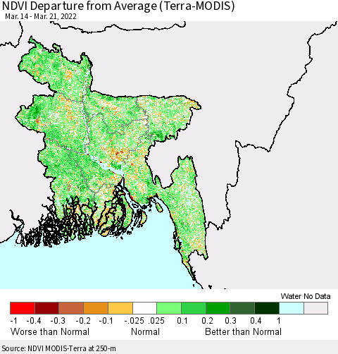 Bangladesh NDVI Departure from Average (Terra-MODIS) Thematic Map For 3/14/2022 - 3/21/2022