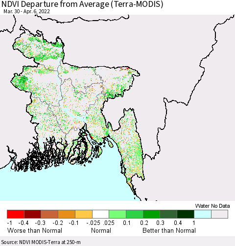 Bangladesh NDVI Departure from Average (Terra-MODIS) Thematic Map For 3/30/2022 - 4/6/2022