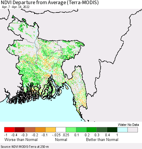 Bangladesh NDVI Departure from Average (Terra-MODIS) Thematic Map For 4/7/2022 - 4/14/2022
