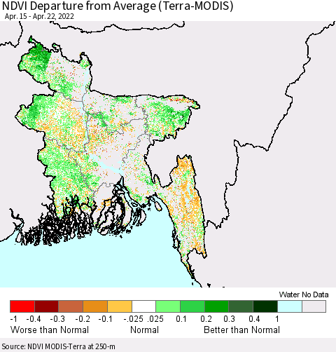 Bangladesh NDVI Departure from Average (Terra-MODIS) Thematic Map For 4/15/2022 - 4/22/2022