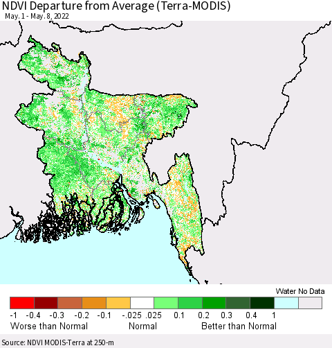 Bangladesh NDVI Departure from Average (Terra-MODIS) Thematic Map For 5/1/2022 - 5/8/2022