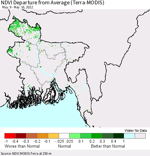 Bangladesh NDVI Departure from Average (Terra-MODIS) Thematic Map For 5/9/2022 - 5/16/2022