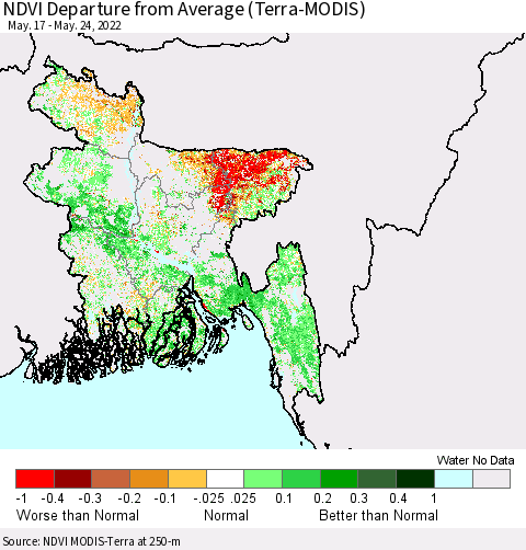 Bangladesh NDVI Departure from Average (Terra-MODIS) Thematic Map For 5/17/2022 - 5/24/2022