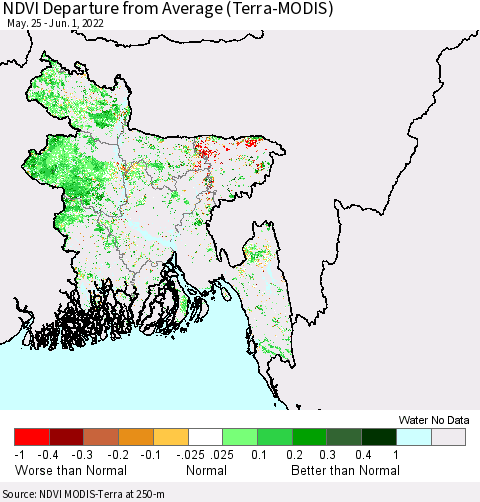 Bangladesh NDVI Departure from Average (Terra-MODIS) Thematic Map For 5/25/2022 - 6/1/2022