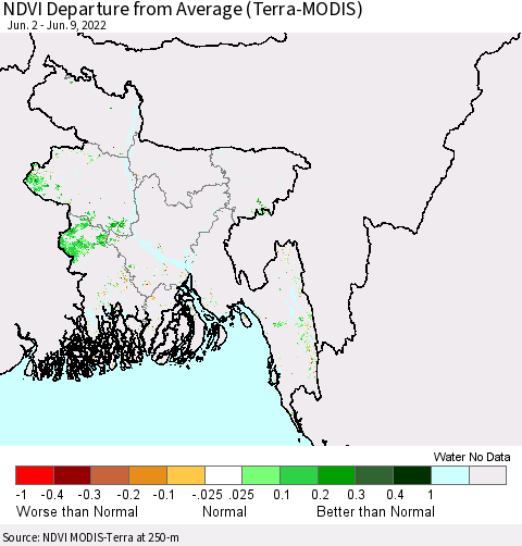 Bangladesh NDVI Departure from Average (Terra-MODIS) Thematic Map For 6/2/2022 - 6/9/2022