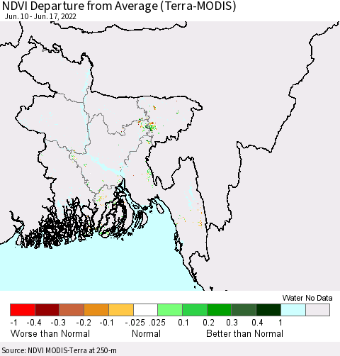 Bangladesh NDVI Departure from Average (Terra-MODIS) Thematic Map For 6/10/2022 - 6/17/2022