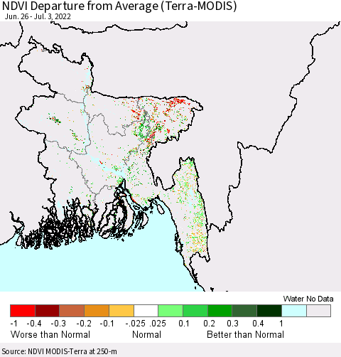 Bangladesh NDVI Departure from Average (Terra-MODIS) Thematic Map For 6/26/2022 - 7/3/2022