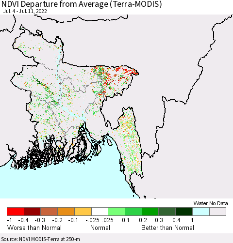 Bangladesh NDVI Departure from Average (Terra-MODIS) Thematic Map For 7/4/2022 - 7/11/2022