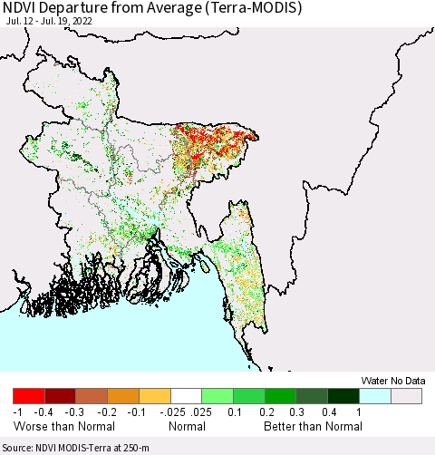 Bangladesh NDVI Departure from Average (Terra-MODIS) Thematic Map For 7/12/2022 - 7/19/2022