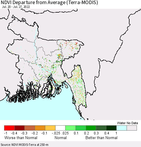 Bangladesh NDVI Departure from Average (Terra-MODIS) Thematic Map For 7/20/2022 - 7/27/2022