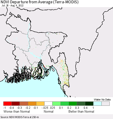 Bangladesh NDVI Departure from Average (Terra-MODIS) Thematic Map For 7/28/2022 - 8/4/2022