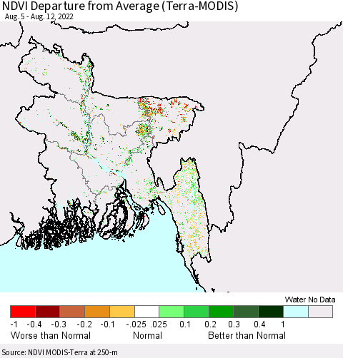 Bangladesh NDVI Departure from Average (Terra-MODIS) Thematic Map For 8/5/2022 - 8/12/2022