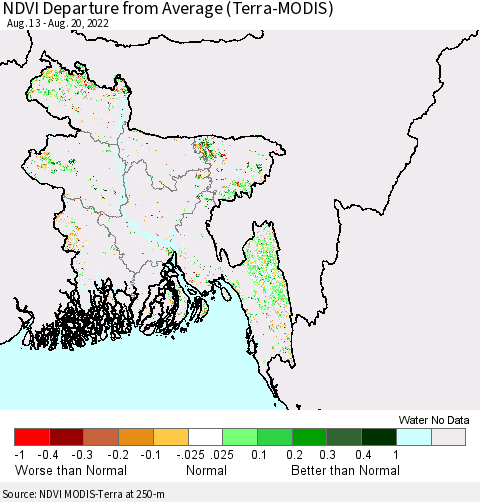 Bangladesh NDVI Departure from Average (Terra-MODIS) Thematic Map For 8/13/2022 - 8/20/2022