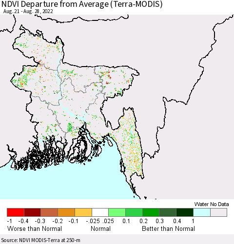 Bangladesh NDVI Departure from Average (Terra-MODIS) Thematic Map For 8/21/2022 - 8/28/2022