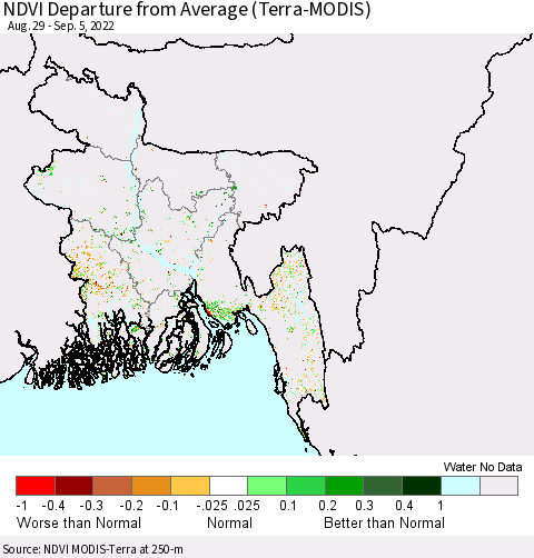 Bangladesh NDVI Departure from Average (Terra-MODIS) Thematic Map For 8/29/2022 - 9/5/2022