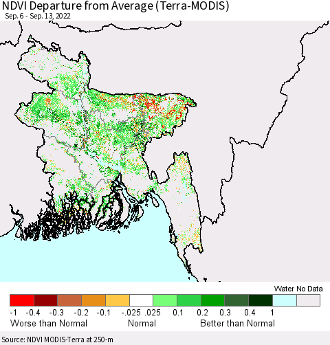 Bangladesh NDVI Departure from Average (Terra-MODIS) Thematic Map For 9/6/2022 - 9/13/2022