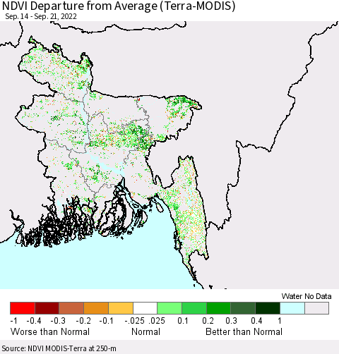 Bangladesh NDVI Departure from Average (Terra-MODIS) Thematic Map For 9/14/2022 - 9/21/2022
