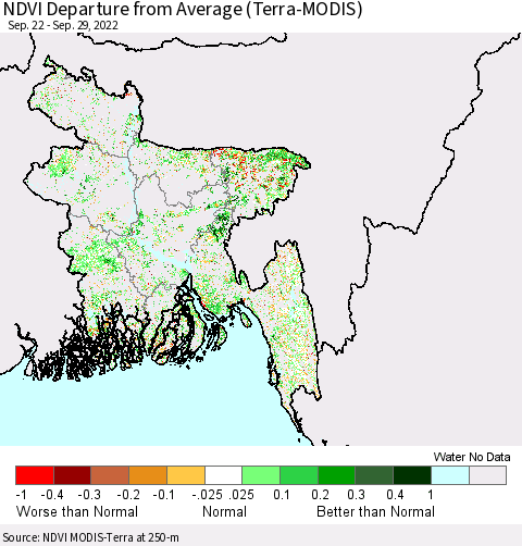 Bangladesh NDVI Departure from Average (Terra-MODIS) Thematic Map For 9/22/2022 - 9/29/2022