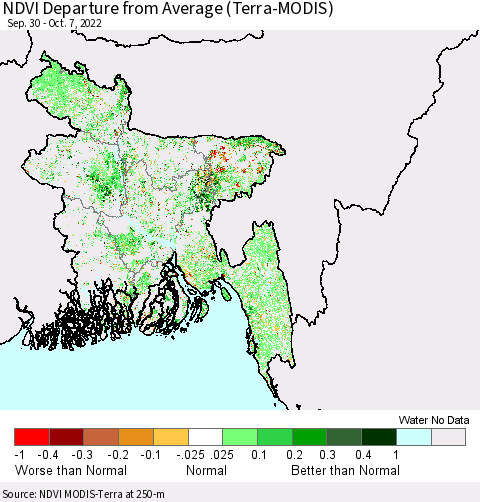 Bangladesh NDVI Departure from Average (Terra-MODIS) Thematic Map For 9/30/2022 - 10/7/2022