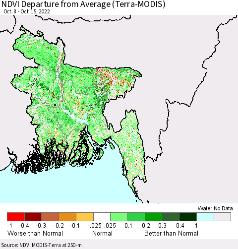 Bangladesh NDVI Departure from Average (Terra-MODIS) Thematic Map For 10/8/2022 - 10/15/2022