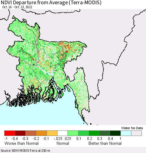 Bangladesh NDVI Departure from Average (Terra-MODIS) Thematic Map For 10/16/2022 - 10/23/2022