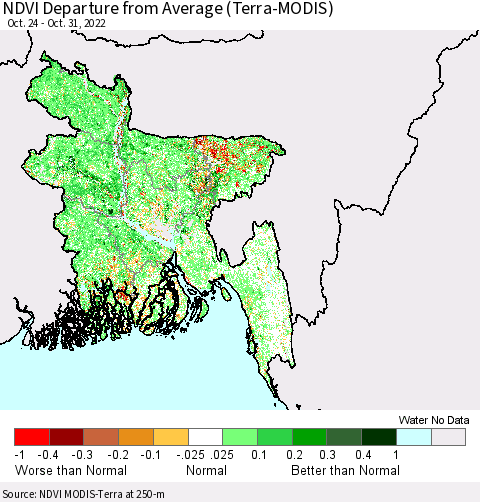 Bangladesh NDVI Departure from Average (Terra-MODIS) Thematic Map For 10/24/2022 - 10/31/2022